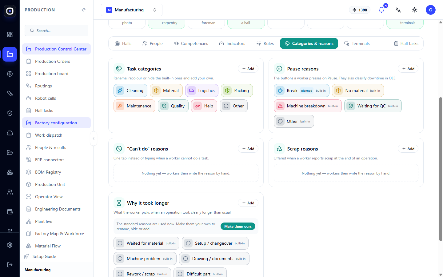 Categories & Reasons tab