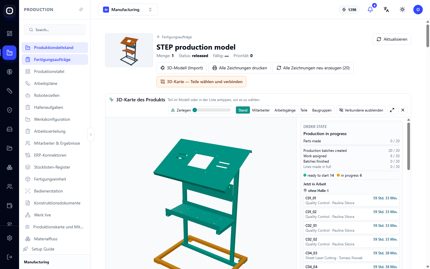 Vorarbeiter-Dashboard mit 3D-Produktkarte