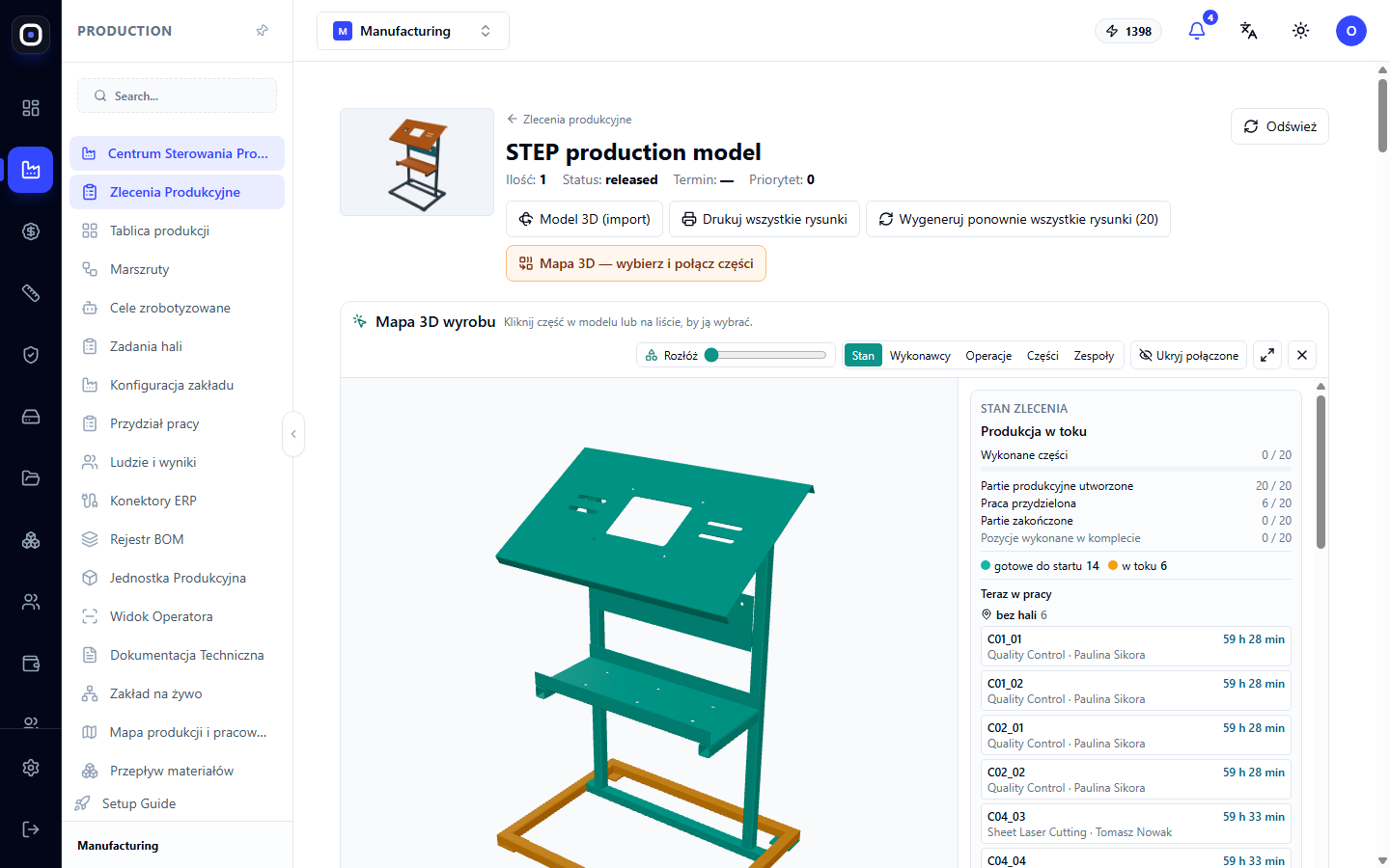 Panel brygadzisty z mapą 3D produktu