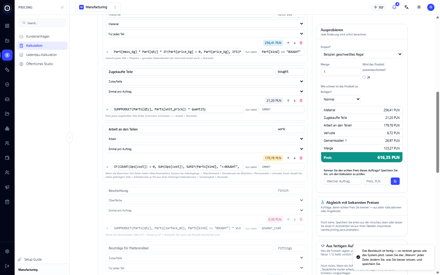 Kostenpositionen: Material, gekaufte Teile, Arbeit