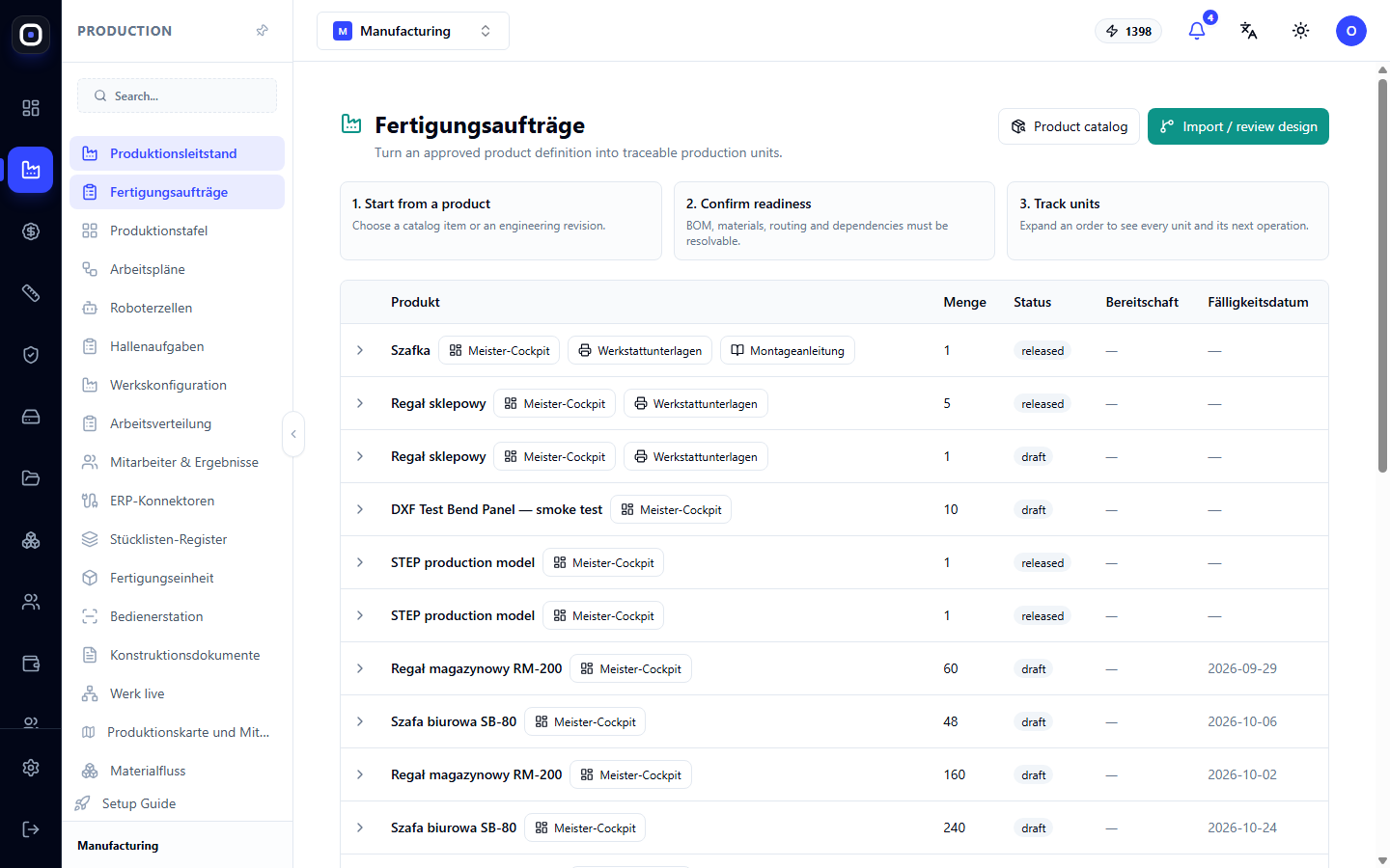Seite „Fertigungsaufträge“