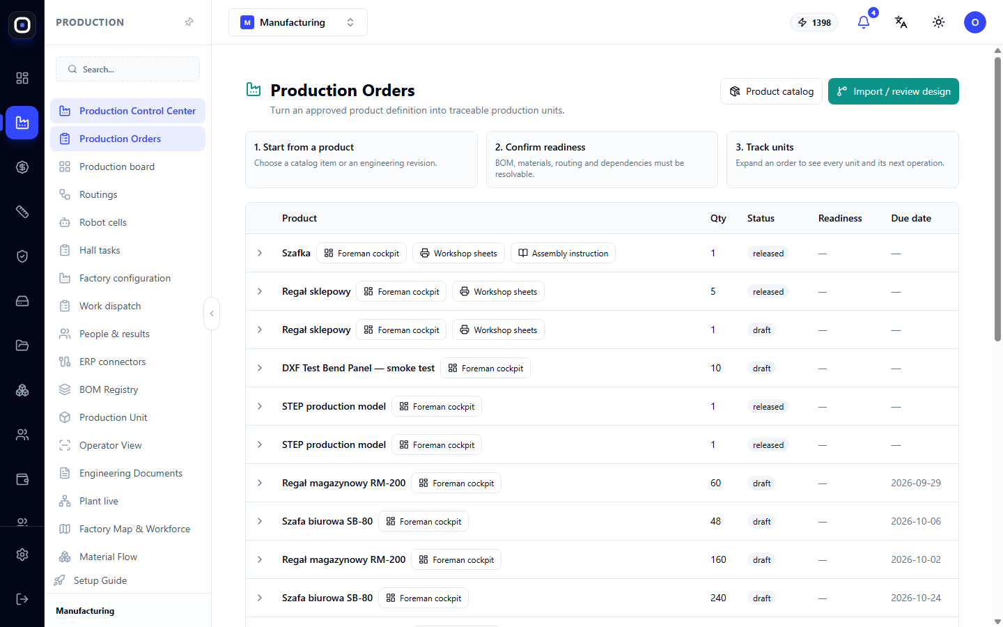 Production Orders page