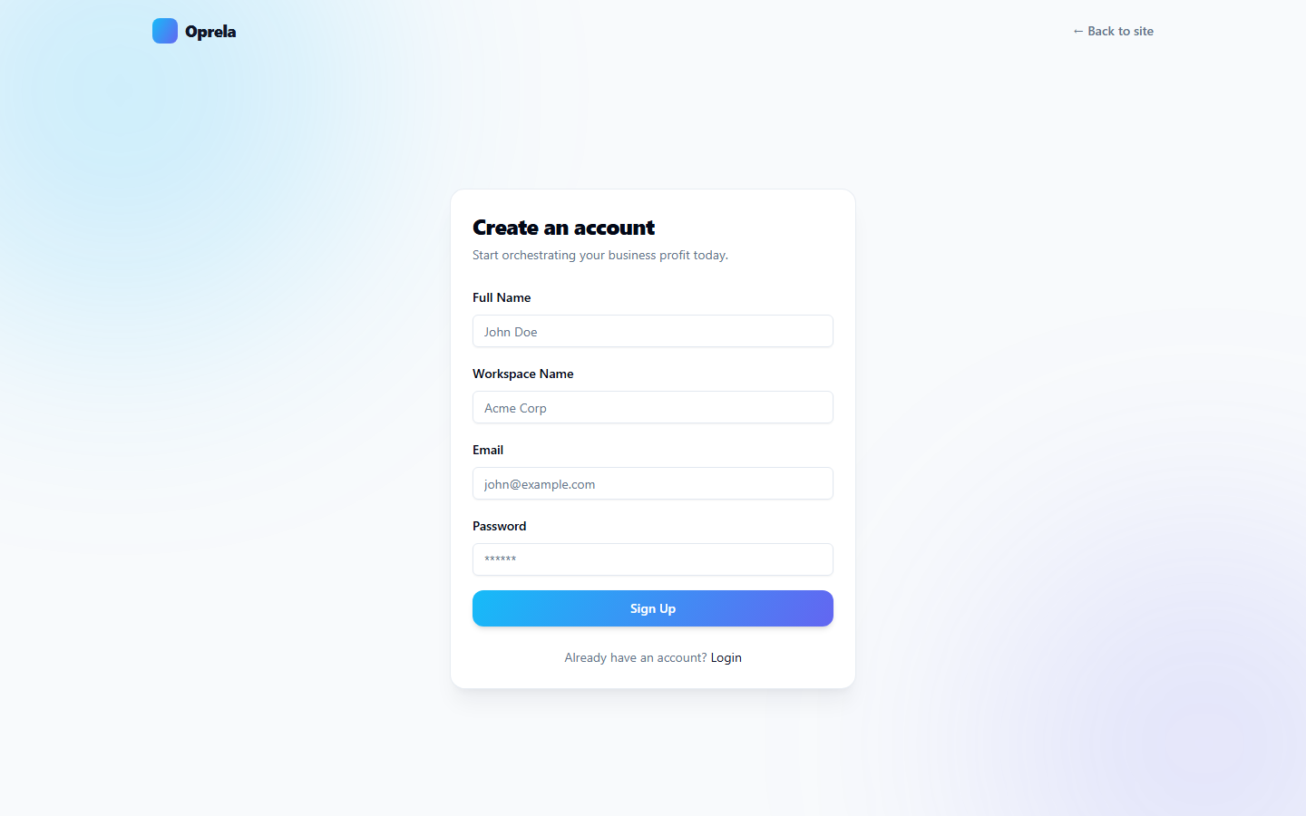 Oprela registration page