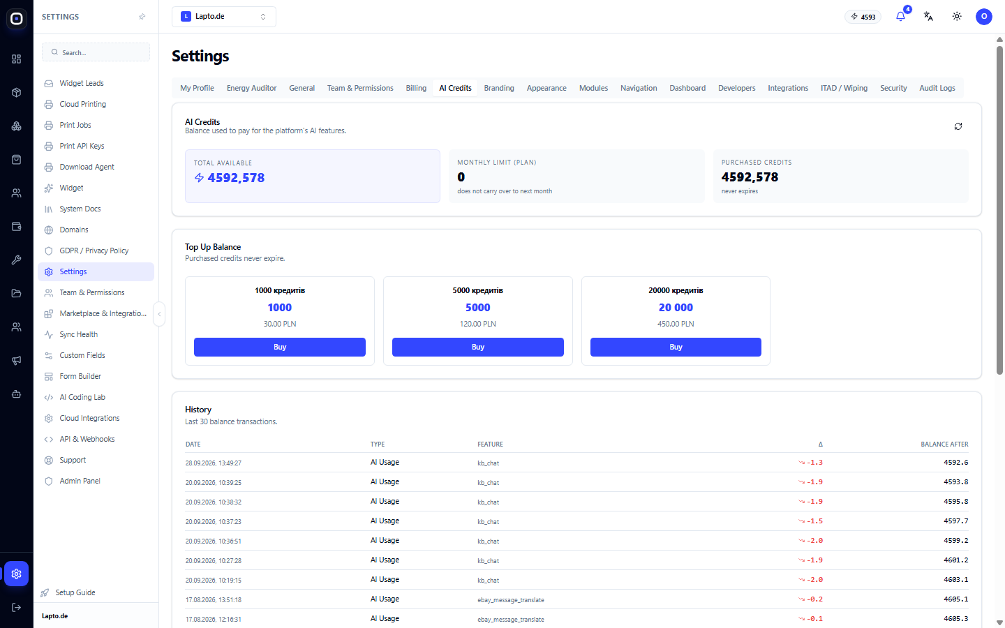 AI Credits: balance, top-up, and history