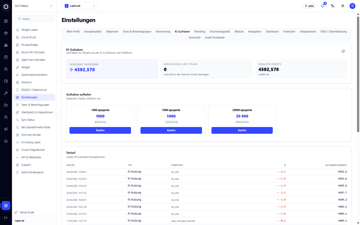 AI-Credits: Guthaben, Aufladen und Verlauf
