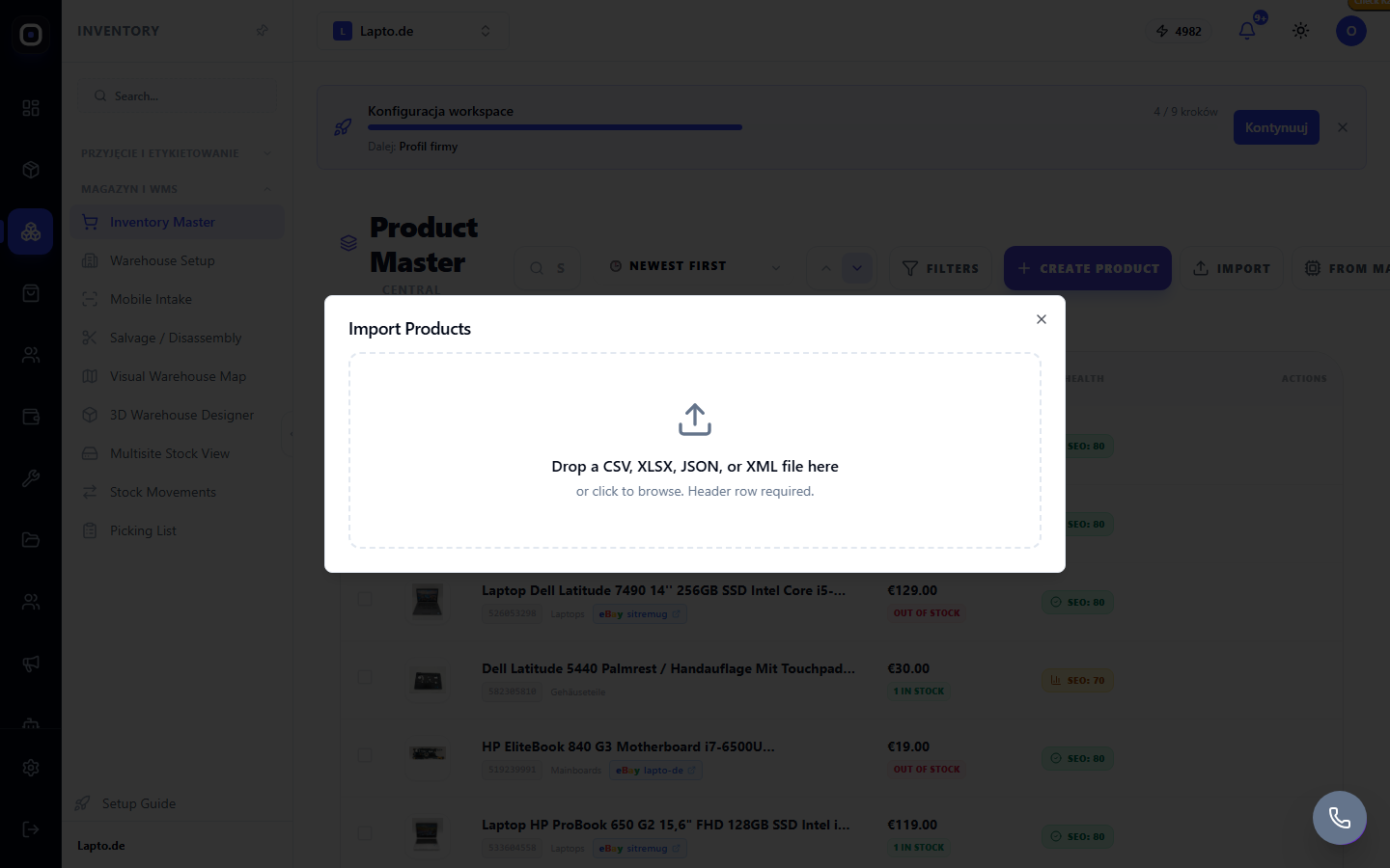 Product import wizard