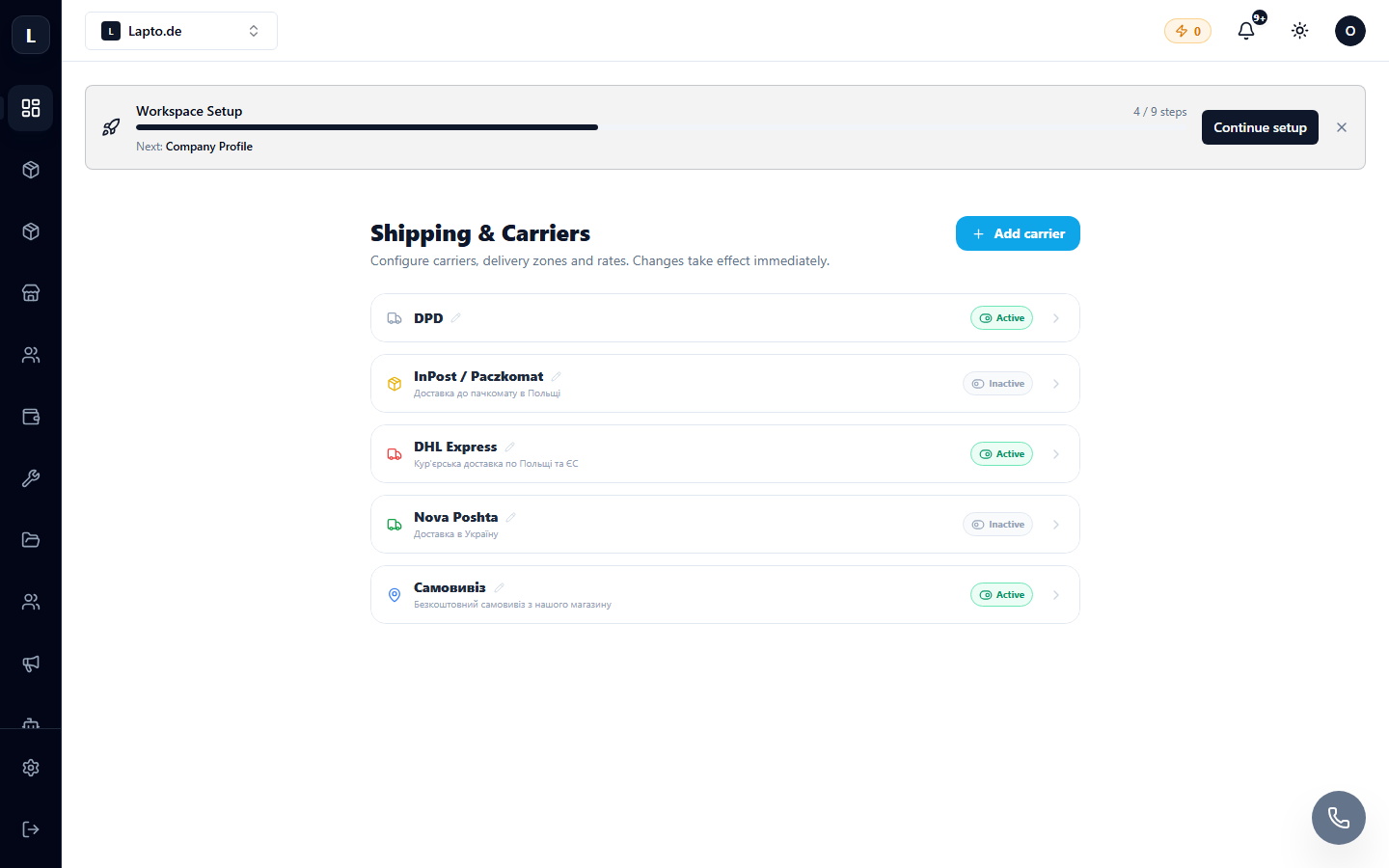 Shipping settings