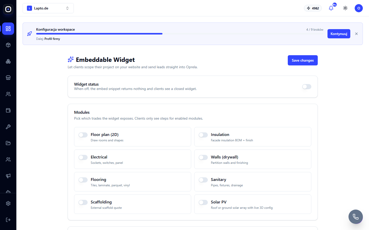 Seite mit Widget-Einstellungen und Einbettungscode