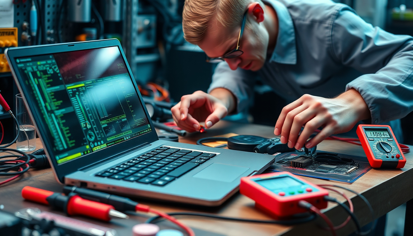 Techniker prüft ein ausgebautes Laptop-Mainboard
